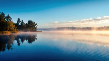 Fototapeta premium Soft mist rises from a calm lake during early morning hours creating a peaceful atmosphere. Trees line the shoreline their reflections visible in the clear water under a bright sky.