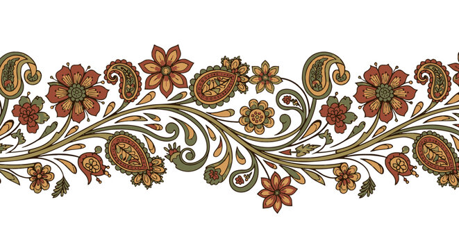 Vintage floral border with paisley and leaves in autumn colors.