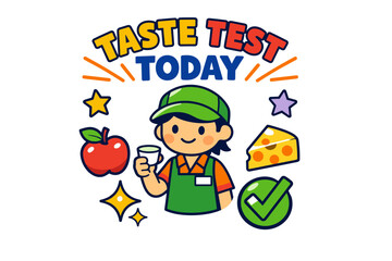 Fototapeta premium Cartoon character promoting taste test event with food icons and stars