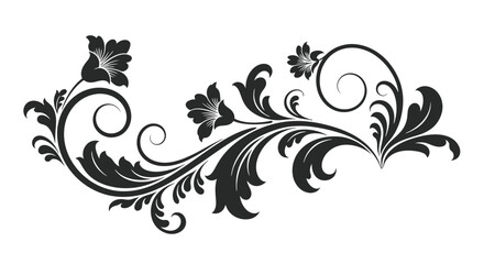 Elegant black floral design with swirling leaves and flowers.