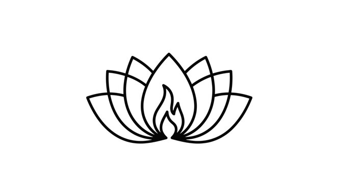 Simple black line art lotus flower with flame icon.