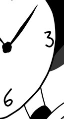 Time Is Running Out, monochrome clock with hat and shoes. Black and white hand-drawn design.