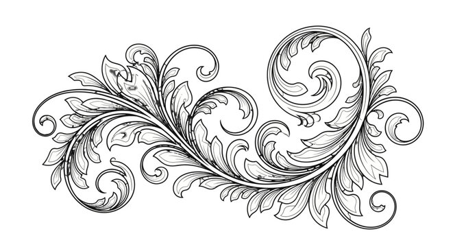 Intricate black and white floral design with swirling patterns and leaves.