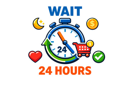 24-hour shopping wait concept with timer and shopping cart icons