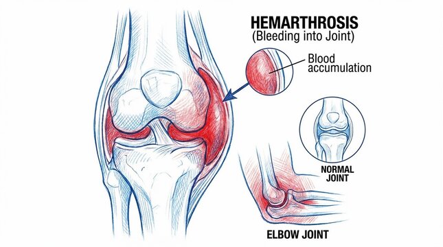 Hemarthrosis illustration showing bleeding in knee and elbow joints