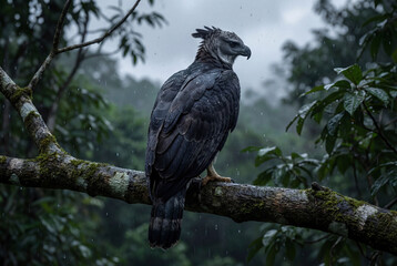 Fototapeta premium Harpy eagle perched on a branch in the rain