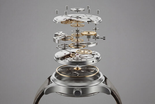 Exploded view of a mechanical watch