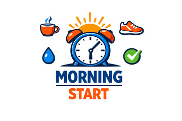 Vibrant morning start with clock coffee sun water shoe checkmark icons