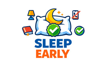 Sleep early: restful night symbols with pillow, moon, and phone reminder