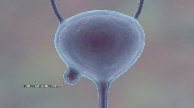 Medical illustration showing human bladder diverticulum pouch condition
