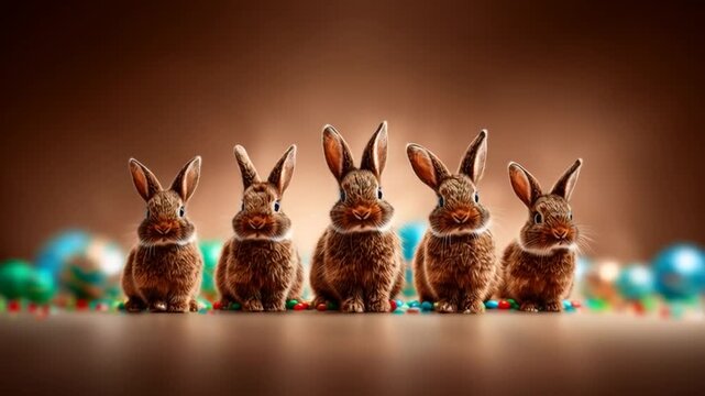 Easter party: Easter bunnies dancing surrounded by colorful Easter eggs, an animated video for greeting cards, festive events, and Easter celebrations.