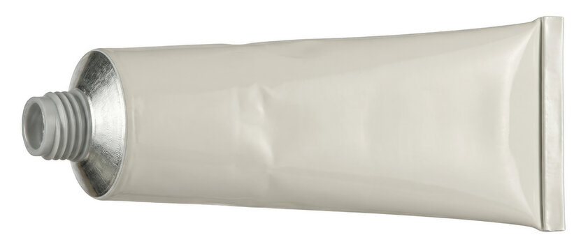 Blank white metallic squeeze tube packaging with uncapped nozzle isolated on a dark field