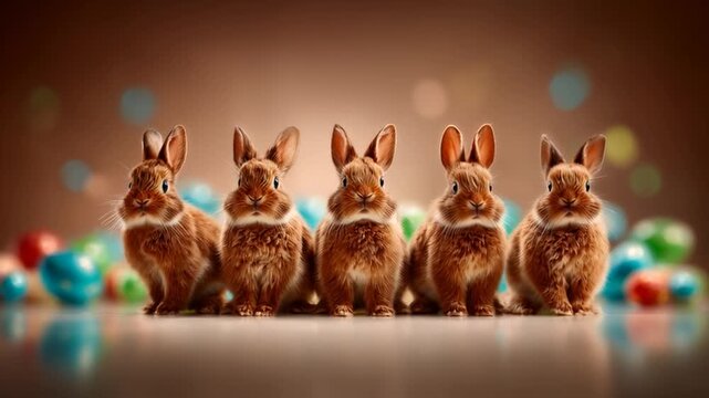Easter party: Easter bunnies dancing surrounded by colorful Easter eggs, an animated video for greeting cards, festive events, and Easter celebrations.