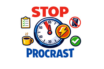 Stop procrastination: time management with checklist and motivation icons
