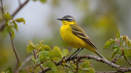 Fototapeta premium A vibrant yellow bird stands on a slender branch surrounded by lush green leaves in a peaceful garden highlighting the beauty of nature during the day.
