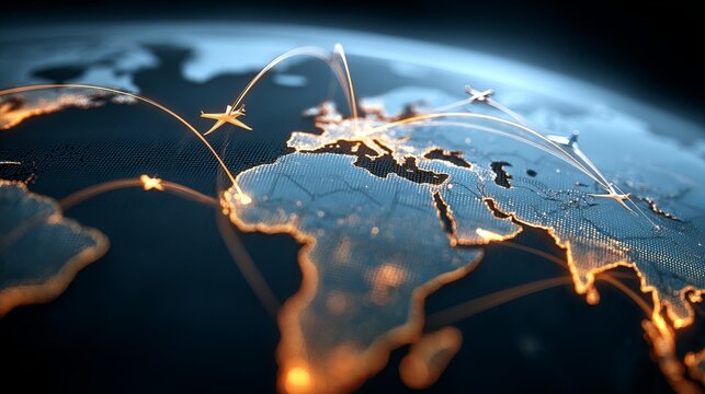 A glowing 3D map of the world with airplanes flying across continents at night
