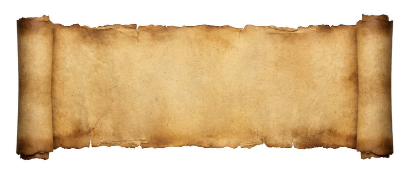 Aged and unrolled parchment scroll banner on a dark field