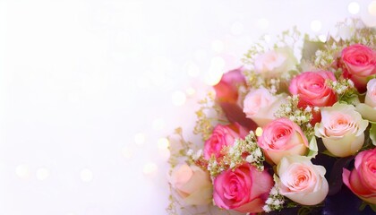 Roses and light. Romantic postcard mockup, Valentine's Day theme, free space for text. White background, surrounded by fresh carnations. 