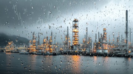 Obraz premium An industrial oil refinery complex stands on the waterfront under a rainy and cloudy sky at dusk
