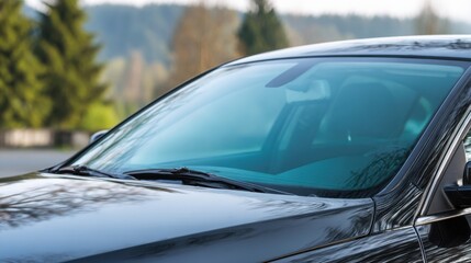 Obraz premium A black sedan stands parked on a smooth surface surrounded by lush green trees under a clear blue sky. The sunlight enhances the cars sleek design showcasing its modern features.