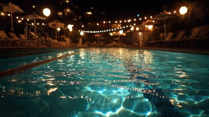 Obraz premium The outdoor pool shimmers under ambient light from floating lanterns and strings of bulbs creating a tranquil atmosphere for evening enjoyment. Sun loungers frame the waters edge.