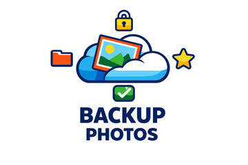 Naklejka premium Digital photo backup icon with cloud storage and security elements