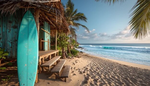 Tropical beach scene with turquoise surfboard leaning against rustic wooden beach hut with thatched palm roof, golden sand beach with footprints and texture
