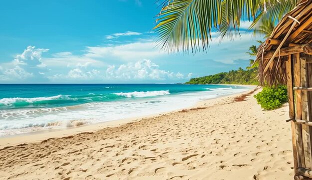 Tropical beach scene with turquoise surfboard leaning against rustic wooden beach hut with thatched palm roof, golden sand beach with footprints and texture
