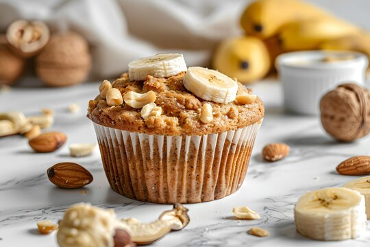 Image of freshly baked gluten free banana muffin crunchy peanut butter cookie arranged veined marble counter sliced banana nut nearby glowing light enhancing appetizing texture plain neutral