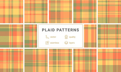 This vibrant yellow and orange plaid seamless pattern offers a warm, classic checkered design. Ideal for textile backgrounds, cozy autumn fashion, stylish home decor, and versatile web graphics.