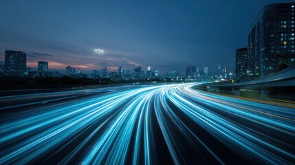 Fototapeta premium Long exposure captures dynamic light trails of vehicles on a highway during twilight highlighting a vibrant city skyline filled with skyscrapers and urban life.