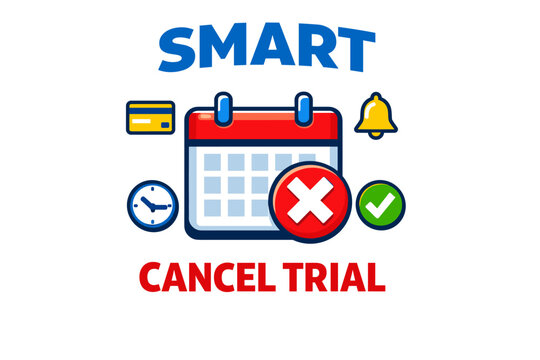 Smart cancel trial reminder: calendar, clock, credit card icons