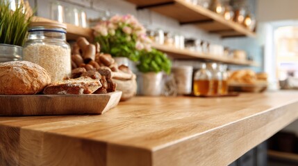 Fototapeta premium A warm kitchen counter displays an assortment of fresh bread nuts and herbs in jars. Flowers brighten the background creating an inviting atmosphere perfect for a caf.