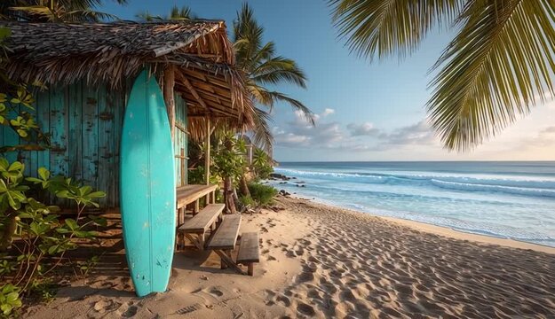 Tropical beach scene with turquoise surfboard leaning against rustic wooden beach hut with thatched palm roof, golden sand beach with footprints and texture
