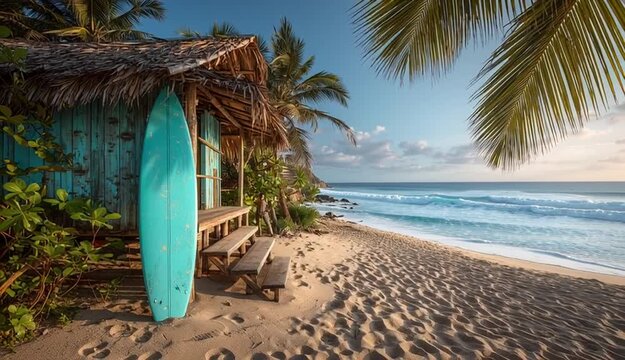 Tropical beach scene with turquoise surfboard leaning against rustic wooden beach hut with thatched palm roof, golden sand beach with footprints and texture
