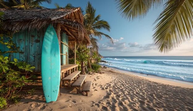Tropical beach scene with turquoise surfboard leaning against rustic wooden beach hut with thatched palm roof, golden sand beach with footprints and texture
