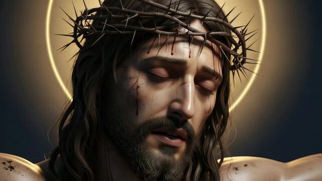 Man Jesus Christ with crown of thorns and halo. Religious biblical scene for Easter or Lent. Christian suffering concept.