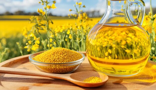 Glass carafe with cork stopper filled with golden yellow canola oil on wooden tray, small glass bowl and wooden spoon with mustard yellow canola seeds, rustic wooden table surface