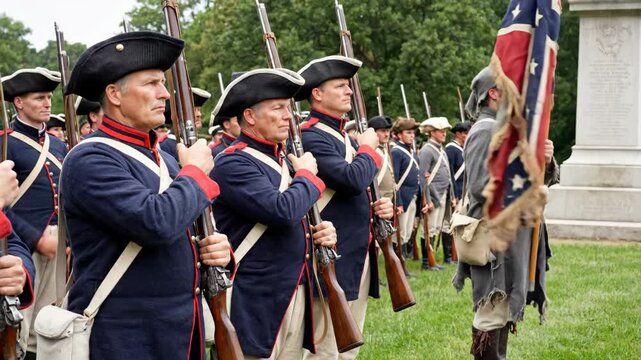 Civil war reenactment event in Virginia with soldiers in uniform standing by a monument