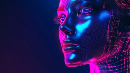 A futuristic digital portrait of a woman with neon pink and blue lighting effects