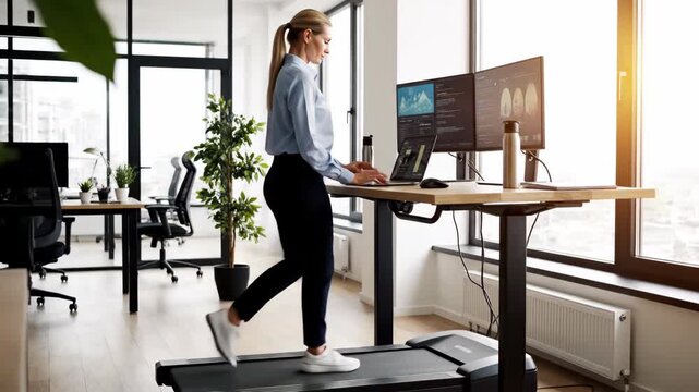 Walking on a treadmill while working at a standing desk in a bright office space during the day
