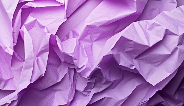 Abstract background of crumpled purple tissue paper with various shades of violet, lavender, and deep purple, wrinkled and folded delicate paper texture creating dimensional surface