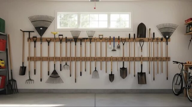 Organized garage wall with hanging gardening tools and equipment in natural light