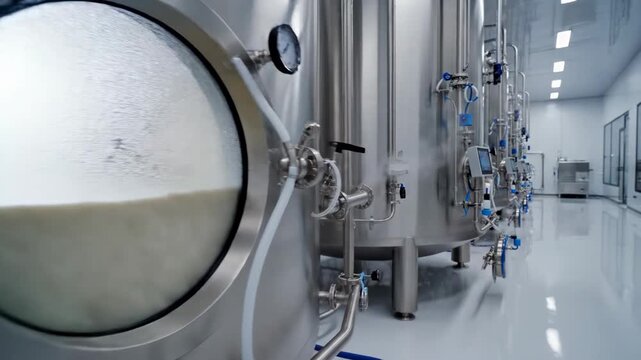 Worker checks equipment in clean room at pharmaceutical manufacturing plant