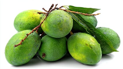 Cluster of unripe green tropical fruits displays moisture droplets on skin with attached stem and leaves