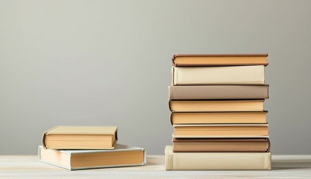 Tall stack of hardcover books arranged vertically on light wood surface