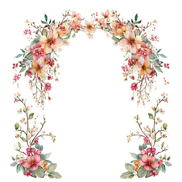 Elegant floral arch with flowers leaves and branches botanical decorative frame isolated on transparent background