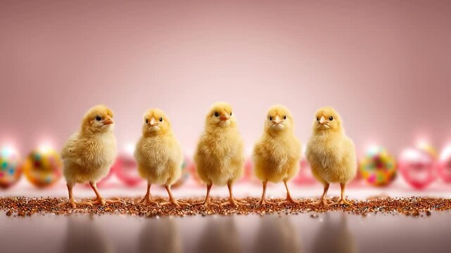 A small family of chicks lined up next to each other, surrounded by colorful Easter eggs, perfect for greeting cards, festive events, and Easter