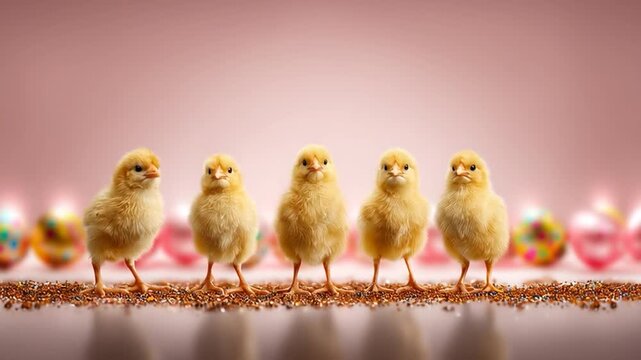 A small family of chicks lined up next to each other, surrounded by colorful Easter eggs, perfect for greeting cards, festive events, and Easter