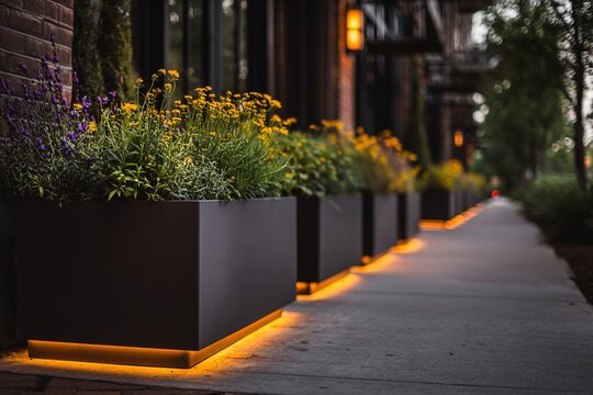 Planters with yellow flowers line a sidewalk with warm lighting detail.